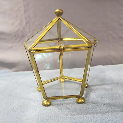 Vintage Trinket Display Box #27 Brass And Glass 5 1/2  Tall Hinged Lid Terrarium • $20