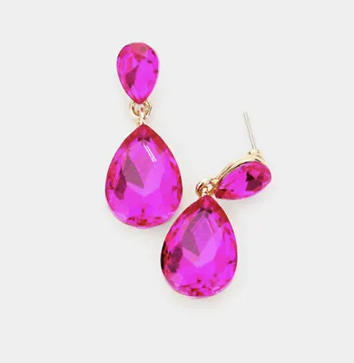 1.25” Long Hot Pink Fuchsia Dangle Pageant Rhinestone Crystal Silver Earrings • $12.90