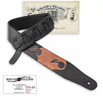 Walker & Williams CVG-83 Black Leather Padded Guitar Strap Carved Music Notes • $35.95