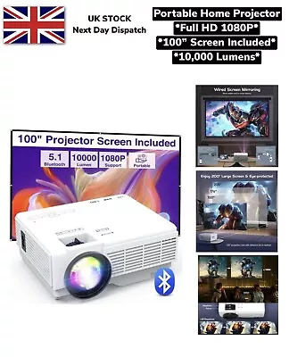 Mini Projector Portable With Screen Bluetooth Full HD 1080P 10000 Lumens New UK • £59.99