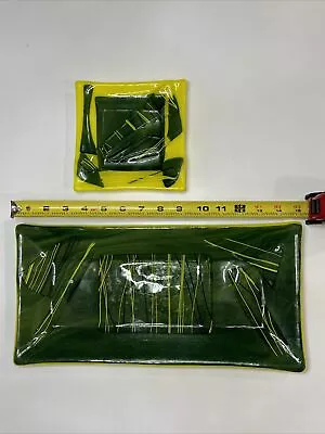 Vintage Green Fused Art Glass Plate Set Lime Green Yellow • $24.99