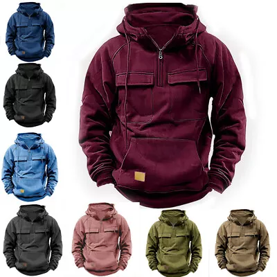 Mens Cargo Hoodies Tops Casual Baggy Combat Pocket Hooded Sweatshirt Outdoor UK • £16.89