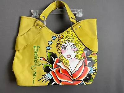 VTG Ed Hardy Large Yellow Nylon Tote Bag Purse 1971 Veronica Rose Pin Up Tattoo • $14.96