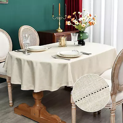 NEWISHER Farmhouse Oval Hemstitch Border Tablecloth Neutral Faux Linen Table Clo • $36.44