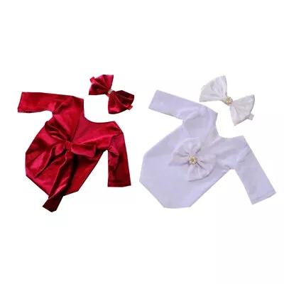 0-2Month Baby Girl Photo Props Backless Jumpsuit Bowknot Headband Photo Bodysuit • $21.84