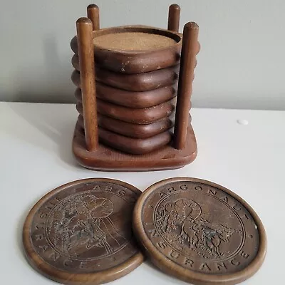 Vintage Set Of 6 Wood And Cork Coasters With Wooden Holder Retro + 2 Extras • $4.99