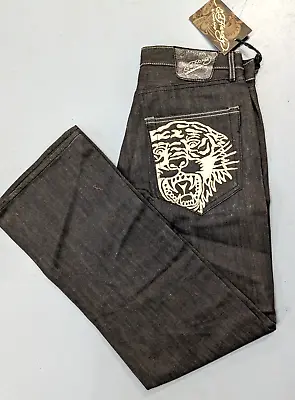 Ed Hardy Jeans Mens 34x34 Tiger Pockets Dbl Stitched Black Rinse Button Fly NWT • $99.99