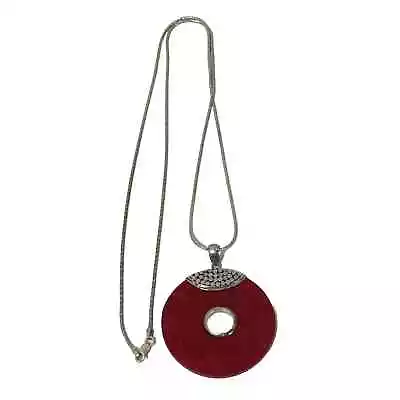 Vintage 925 Sterling Silver Red Coral Round Donut Pendant Chain Necklace 30  • $39