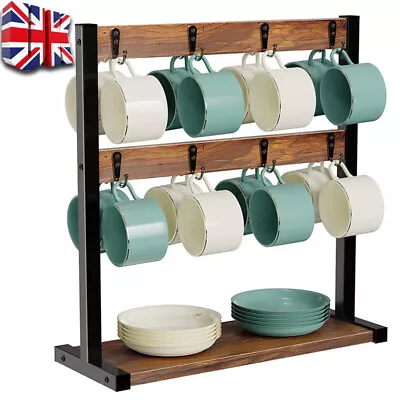 Vintage Wood Coffee Mug Holder Stand 2 Tier Countertop Mug Tree Holder Rack Base • £14.99