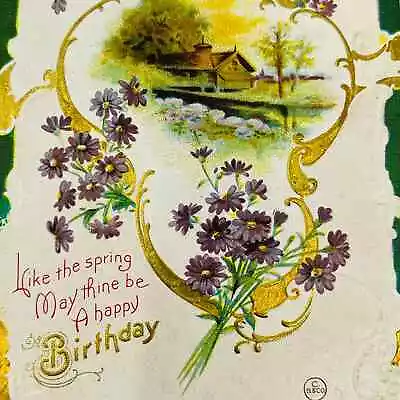 1910s Birthday Post Card Art Nouveau Dresden Embossed Cottage Scene Floral PA5 • $17