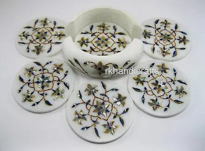 4.5 Inches Round Marble Coffee Coaster Set Nature Design Inlaid For Office Decor • $129.38