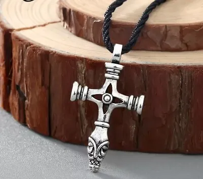 Mens Slavic Cross Antique Silver Pendant Rope Necklace 35-4D • $9.25
