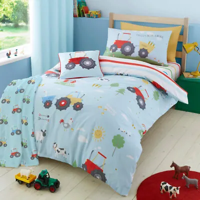 Farmyard Friends Tractors Animals Striped Reverse Soft Duvet Cover Set • £13.99