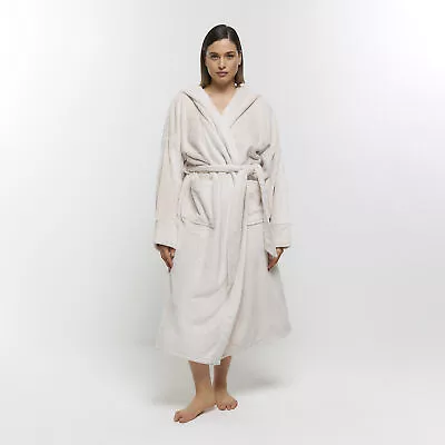 River Island Womens Dressing Gown Plus Beige Fluffy Hooded Longline Loungewear • £18