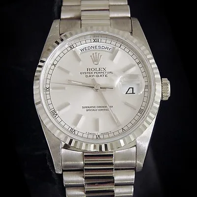 Men Rolex Solid 18KT 18K White Gold Day Date President Watch W/Silver Dial 18239 • $19899.98