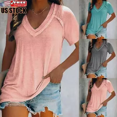 $14.28 • Buy Womens Summer Short Sleeve V Neck T Shirt Tops Ladies Casual Loose Blouse Tee US