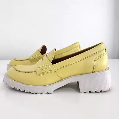 Sarah Chofakian Shoes Women 37 Yellow Leather Penny Loafers Lug Soles Platform • $84