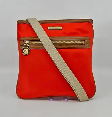 Michael Kors Red Nylon Brown Leather Kempton Crossbody Messenger Shoulder Bag • $59.40