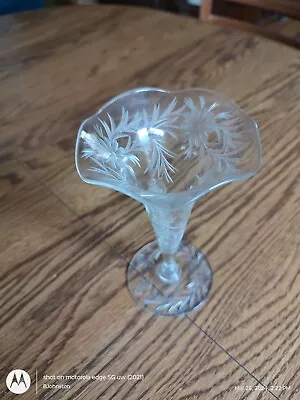 Vintage Crystal Etched Ruffled Edge Flower Vase Glass • $32