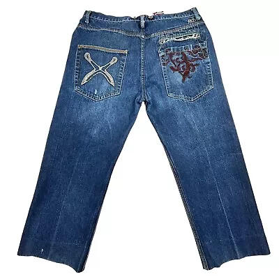 Artful Dodger Embroidered Jeans Size 38 X 24 Crop Hemmed Denim Baggy Y2K • $37.95