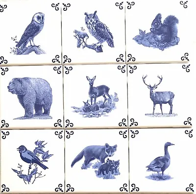 Woodland Creatures Delft Design Set 9 Ceramic Tile Blue 4.25  X 4.25  Kiln Fired • $74.95