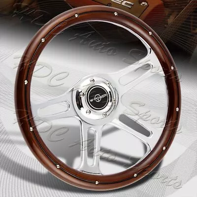 W-Power 350MM 14  Dark Wood Grip 6-Hole Chrome 4-Spoke Vintage Steering Wheel • $108.99