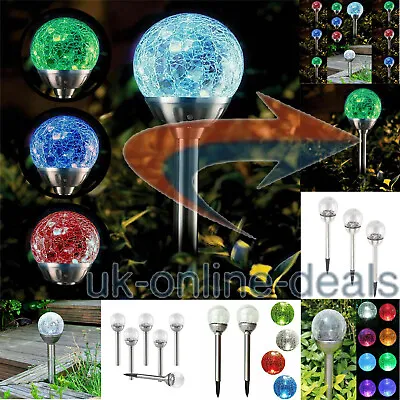 Solar Power Colour Changing Led Globe Crackle Glass Ball Garden Stainless Lights • £13.95