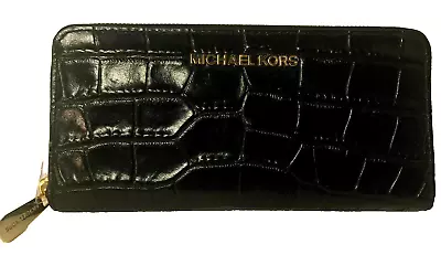 NEW Michael Kors MK Jet Set Travel ZA Continental Embossed Leather Wallet-Black • $170.99