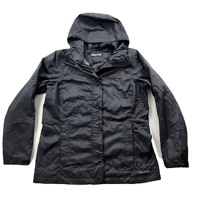 Marmot Nylon PreCip Jacket Womens Large Black Hooded Rain Wind • $33.49