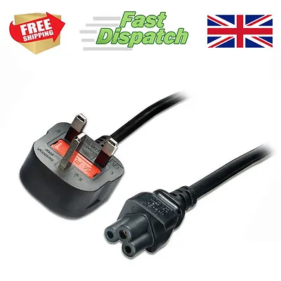 3 Pin UK Mains Power Lead Clover Leaf To 3 Plug 5amp Black 2m Laptop Computer • £7.99