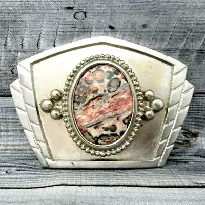 Vintage Western Belt Buckle Silver Tone Metal Awesome Jasper Mount       .XTT314 • $24.99