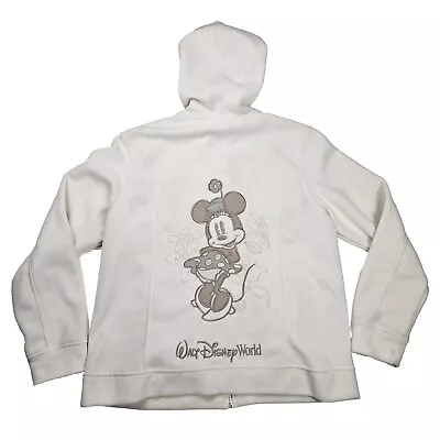 Disney Parks Minnie Mouse Fleece Womens XL White Full Zip Hood Pockets Embroider • $28