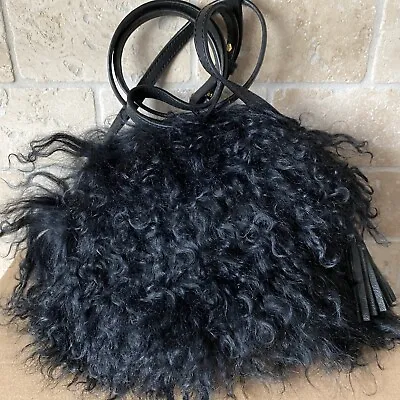 Ugg Mongolian Curly Fur Pom Pom Black Crossbody Purse Handbag • $110.49