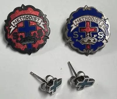 Two Little System Cross And Crown Methodist Sunday School Pins & Cross Earrings • $7.99