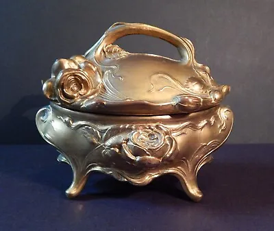 Antique Art Nouveau Ornate Roses Brass Hinged Footed Jewelry Trinket Box Marked • $21.55