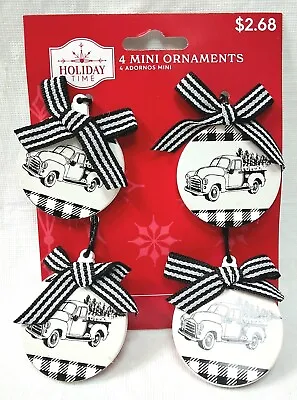 Holiday Time• Round• Black/White• Old Truck• 4Pc.• Mini Christmas Tree Ornaments • $3