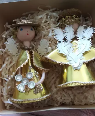 Vintage 1962 Wooden Angels Lot Of Two Gold Foil Dress Wire Hair • $22