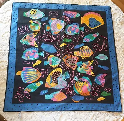 Ken Done Vintage Rare Black Topical Fish Print Square Scarf 80s? Collectable  • £50.01