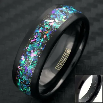 Engraved 8mm Black Tungsten Celestial Galaxy Crushed Opal Mens Wedding Band Ring • $34.99