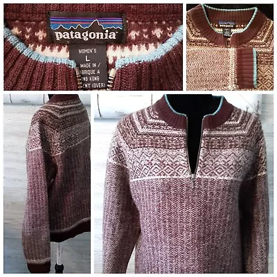 Vtg L PATAGONIA 1/4 Zip Pullover Wool Fair Isle Nordic Sweater Brown Tan Worn X1 • $30