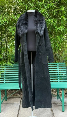 £95 • Buy Vintage Black Suede Belted Maxi Coat With Faux Fur Collar