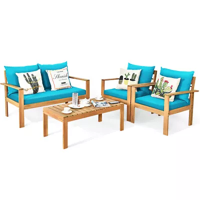 Patio 4PCS Furniture Set Acacia Wood Thick Cushion Loveseat Sofa Turquoise • $399.99