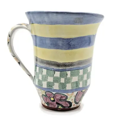 Mackenzie Childs Striped Checked Floral Pottery Coffee Mug Cup Myrtle Multicolor • $55.87