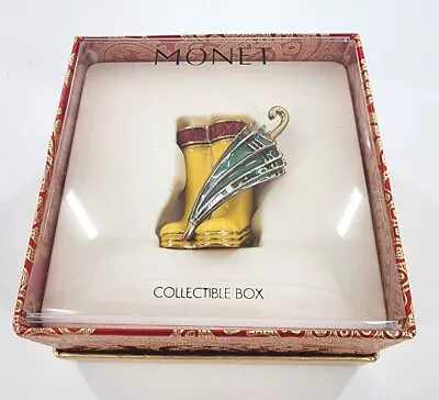 MONET Trinket Box YELLOW RAIN BOOTS UMBRELLA Collectible Enamel Keepsake NIB  • $52.99