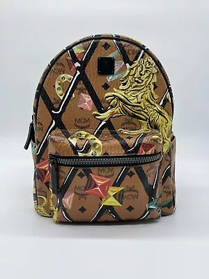 MCM Cognac Visetos & Rombi Lion Motif Small Stark Backpack • $400