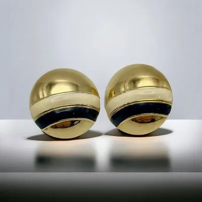 Vintage Monet Cream & Navy Blue Enamel Pierced Earrings Gold Tone Round 80s • $13.99