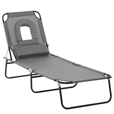 Outsunny Folding Sun Lounger Reclining Chair W/ Pillow Reading Hole Grey • £29.99