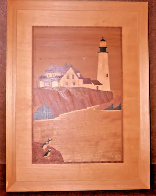 Hudson River Marquetry Wood Inlay Art Work Portland Head Lighthouse Maine Nelson • $27.50