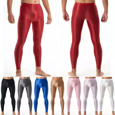 Men's Smooth Shiny Glossy Leggings U Pouch Underpants Long Pants Sports Trousers • $15.19