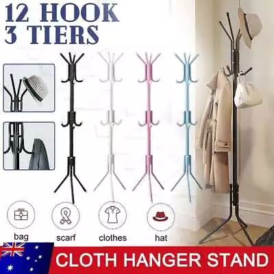 12 Hook 3-Tier Hat Coat Clothes Rack Umbrella Stand Tree Style Steel Hanger New • $13.65